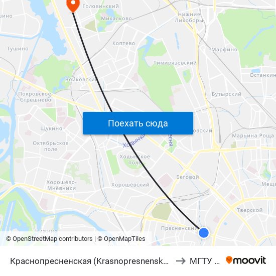 Краснопресненская (Krasnopresnenskaya) to МГТУ ГА map