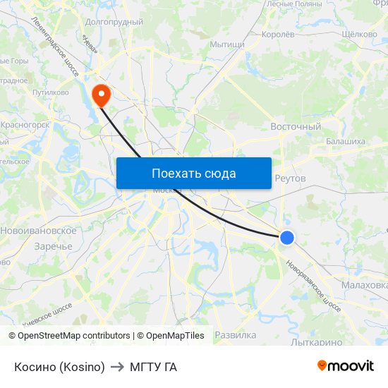 Косино (Kosino) to МГТУ ГА map