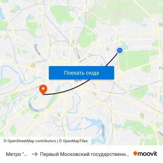 Метро "Партизанская" to Первый Московский государственный медицинский университет им. И. М. Сеченова map