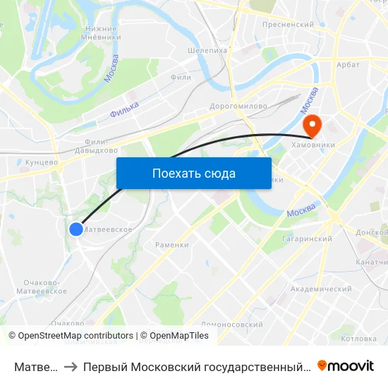 Матвеевская ул. to Первый Московский государственный медицинский университет им. И. М. Сеченова map