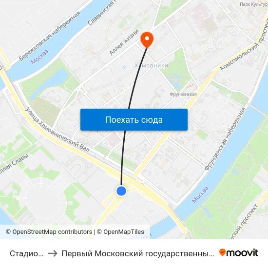 Стадион "Лужники" to Первый Московский государственный медицинский университет им. И. М. Сеченова map