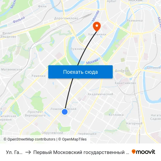 Ул. Гарибальди to Первый Московский государственный медицинский университет им. И. М. Сеченова map