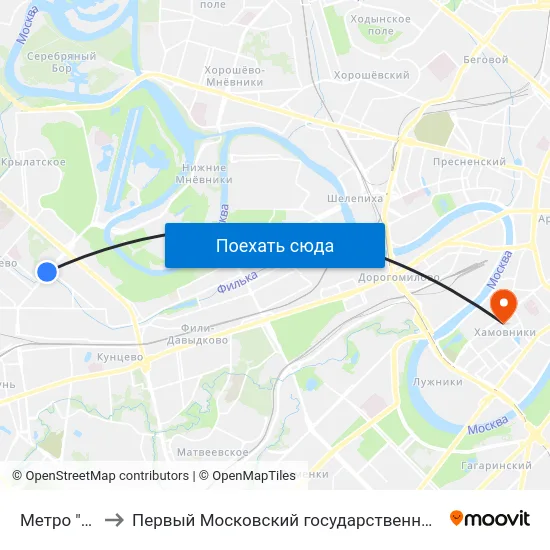 Метро "Молодежная" to Первый Московский государственный медицинский университет им. И. М. Сеченова map