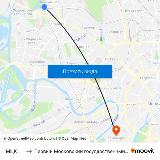 МЦК Стрешнево to Первый Московский государственный медицинский университет им. И. М. Сеченова map