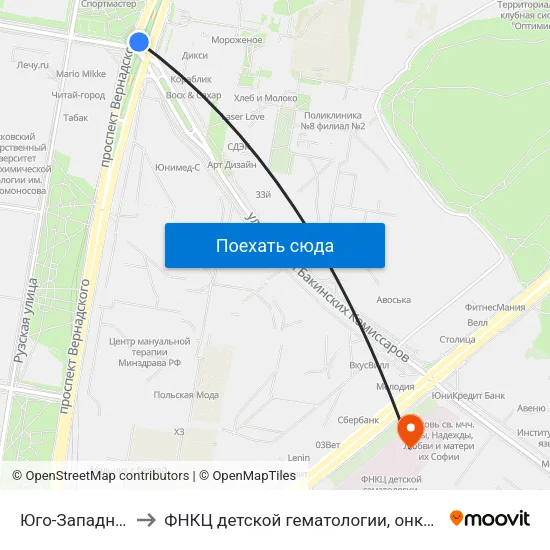 Юго-Западная (Yugo-Zapadnaya) to ФНКЦ детской гематологии, онкологии и иммунологии имени Дмитрия Рогачева map