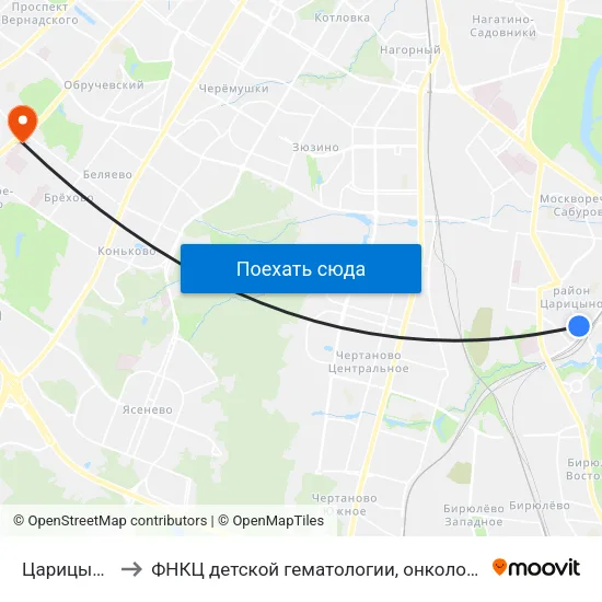 Царицыно (Tsaritsyno) to ФНКЦ детской гематологии, онкологии и иммунологии имени Дмитрия Рогачева map