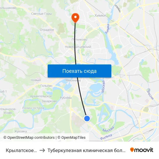Крылатское (Krylatskoe) to Туберкулезная клиническая больница № 3 им. Г.А.Захарьина map