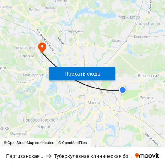 Партизанская (Partizanskaya) to Туберкулезная клиническая больница № 3 им. Г.А.Захарьина map