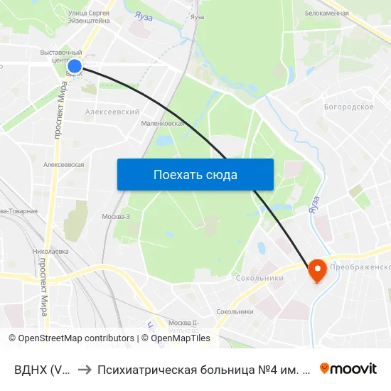 ВДНХ (VDNKh) to Психиатрическая больница №4 им. В.А. Гиляровского map