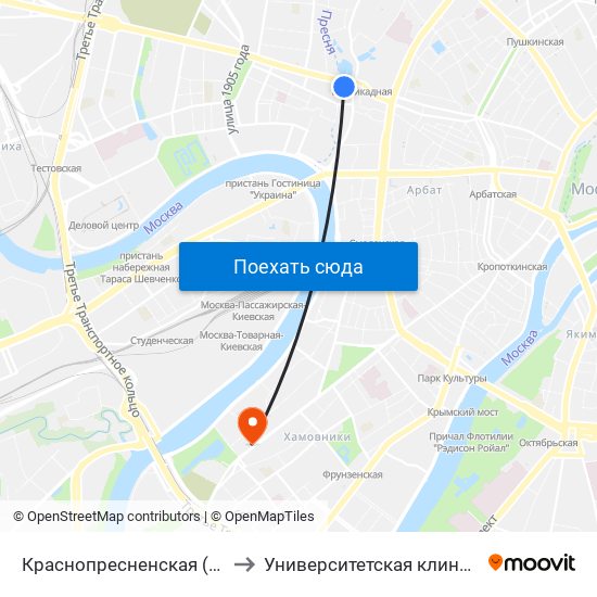 Краснопресненская (Krasnopresnenskaya) to Университетская клиническая больница №1 map