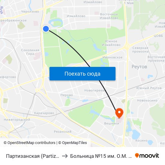 Партизанская (Partizanskaya) to Больница №15 им. О.М. Филатова map