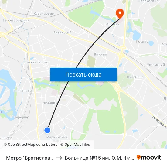 Метро "Братиславская" to Больница №15 им. О.М. Филатова map