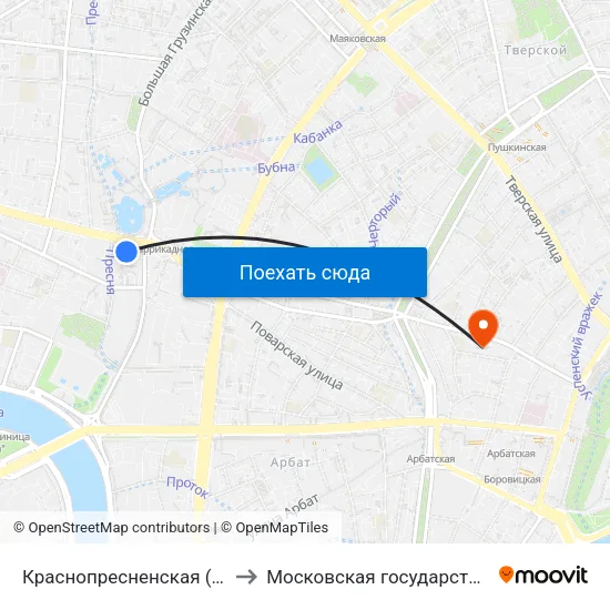 Краснопресненская (Krasnopresnenskaya) to Московская государственная консерватория map