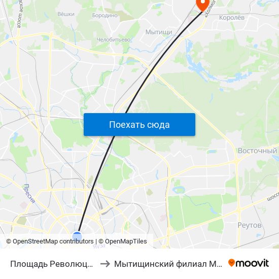 Площадь Революции (Ploschad Revolyutsii) to Мытищинский филиал МГТУ им. Н. Э. Баумана (МГУЛ) map