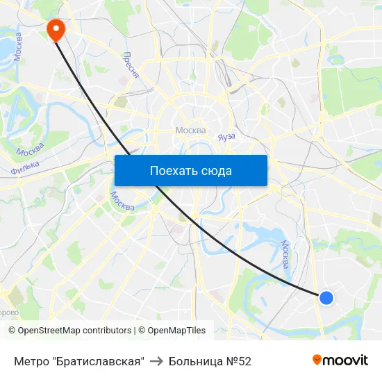 Метро "Братиславская" to Больница №52 map