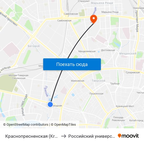 Краснопресненская (Krasnopresnenskaya) to Российский университет транспорта map