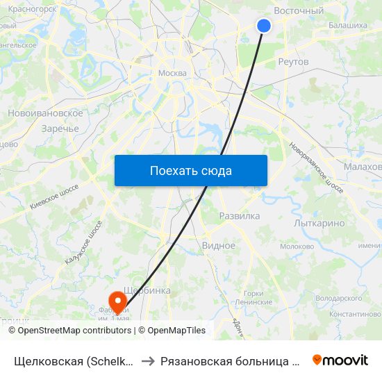 Щелковская (Schelkovskaya) to Рязановская больница Кузнечики map