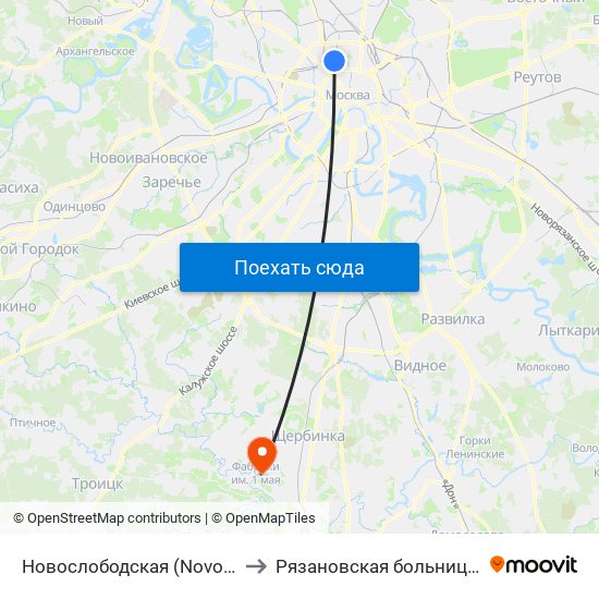 Новослободская (Novoslobodskaya) to Рязановская больница Кузнечики map