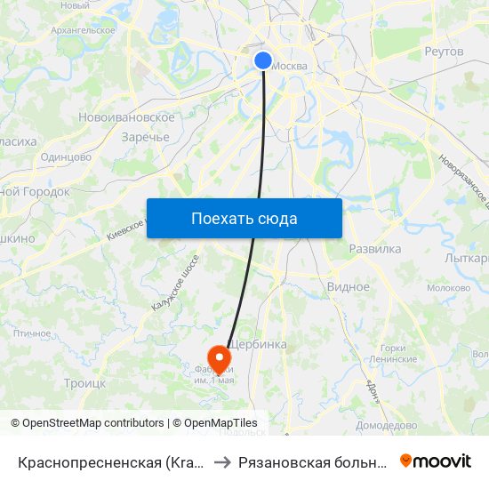 Краснопресненская (Krasnopresnenskaya) to Рязановская больница Кузнечики map