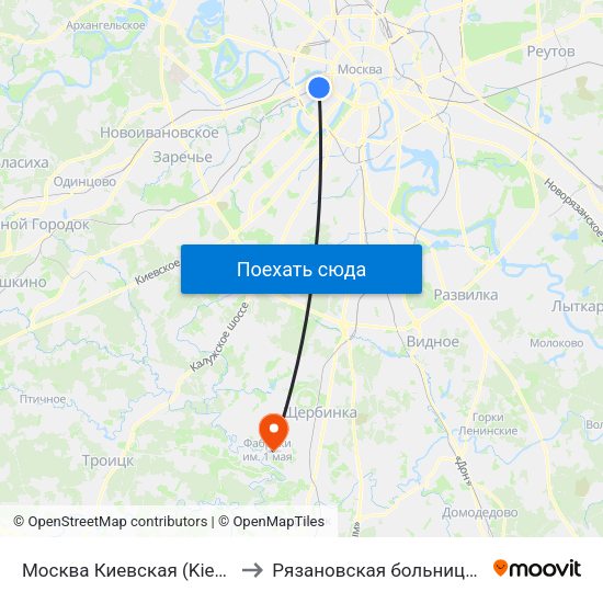 Москва Киевская (Kievsky Station) to Рязановская больница Кузнечики map