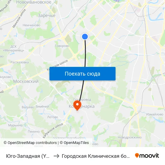Юго-Западная (Yugo-Zapadnaya) to Городская Клиническая больница 40 Коммунарка map