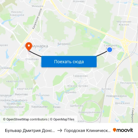 Бульвар Дмитрия Донского (Bulvar Dmitriya Donskogo) to Городская Клиническая больница 40 Коммунарка map