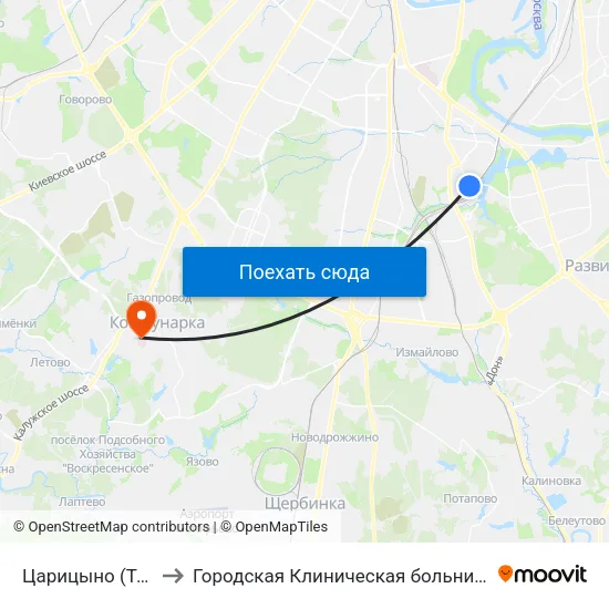 Царицыно (Tsaritsyno) to Городская Клиническая больница 40 Коммунарка map
