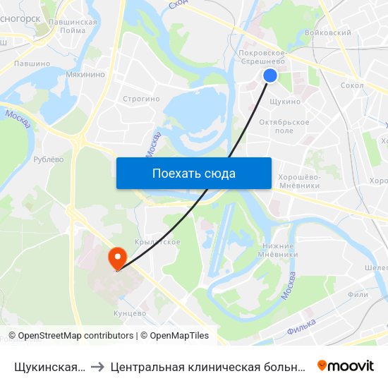 Щукинская (Schukinskaya) to Центральная клиническая больница Управления Делами Президента РФ map