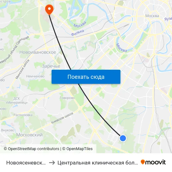 Новоясеневская (Novoyasenevskaya) to Центральная клиническая больница Управления Делами Президента РФ map
