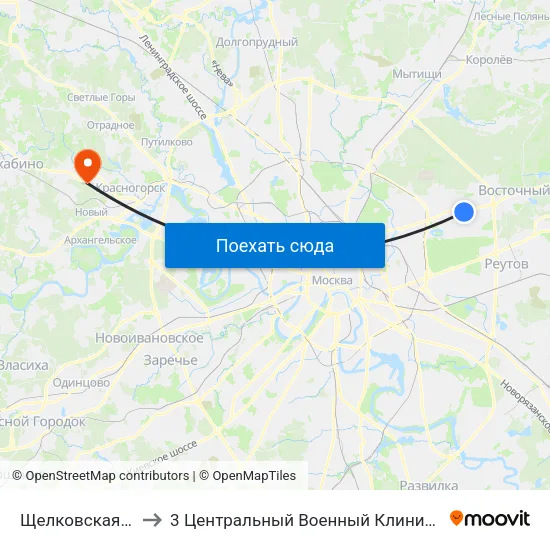 Щелковская (Schelkovskaya) to 3 Центральный Военный Клинический госпиталь им. Вишневского map