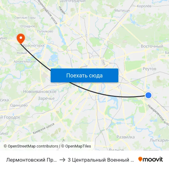 Лермонтовский Проспект (Lermontovsky Prospekt) to 3 Центральный Военный Клинический госпиталь им. Вишневского map
