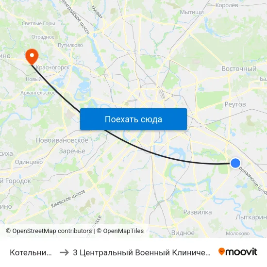 Котельники (Kotelniki) to 3 Центральный Военный Клинический госпиталь им. Вишневского map