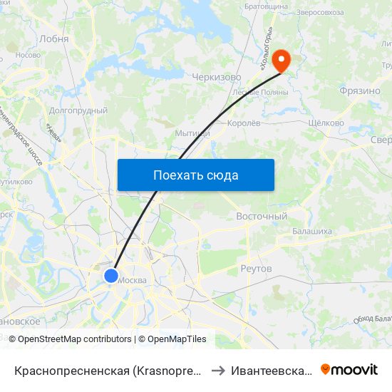 Краснопресненская (Krasnopresnenskaya) to Ивантеевская ЦГБ map
