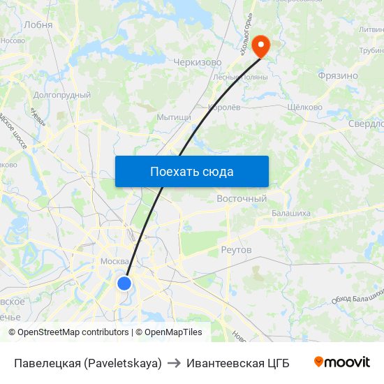 Павелецкая (Paveletskaya) to Ивантеевская ЦГБ map