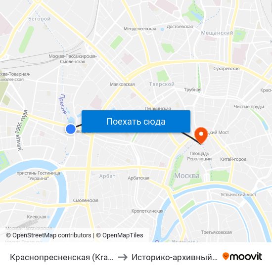 Краснопресненская (Krasnopresnenskaya) to Историко-архивный институт РГГУ map