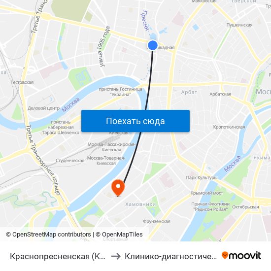 Краснопресненская (Krasnopresnenskaya) to Клинико-диагностический корпус (ГБО) map