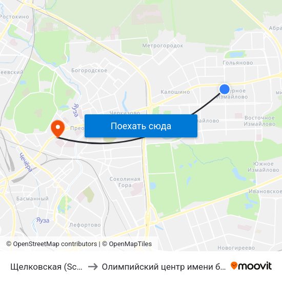 Щелковская (Schelkovskaya) to Олимпийский центр имeни братьев Знаменских map