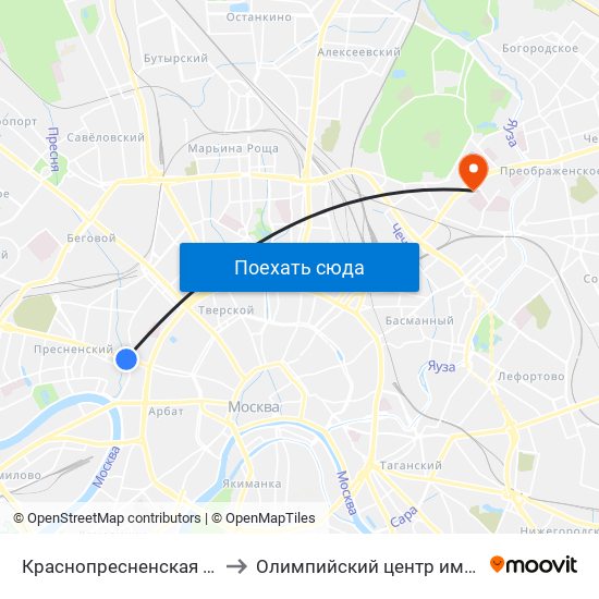 Краснопресненская (Krasnopresnenskaya) to Олимпийский центр имeни братьев Знаменских map