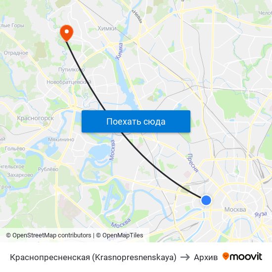 Краснопресненская (Krasnopresnenskaya) to Архив map