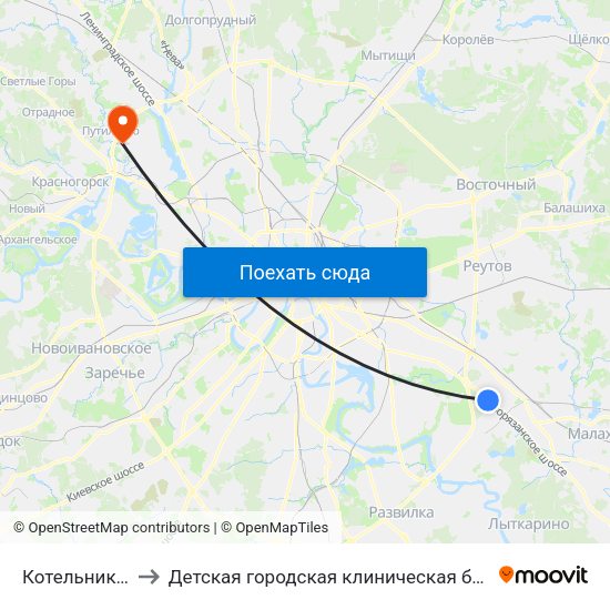 Котельники (Kotelniki) to Детская городская клиническая больница имени З.А. Башляевой map
