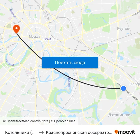 Котельники (Kotelniki) to Краснопресненская обсерватория ГАИШ МГУ map