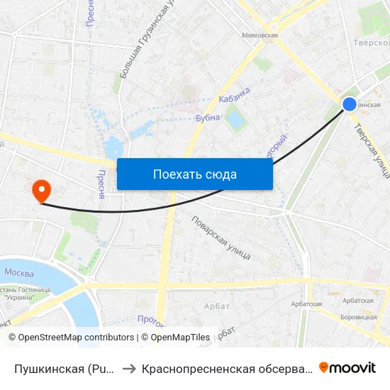 Пушкинская (Pushkinskaya) to Краснопресненская обсерватория ГАИШ МГУ map