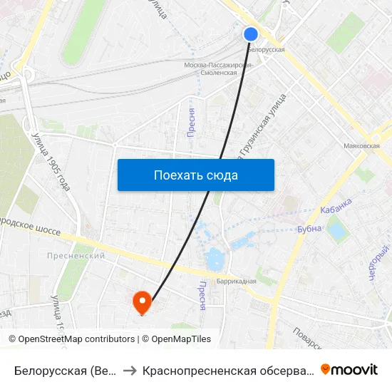 Белорусская (Belorusskaya) to Краснопресненская обсерватория ГАИШ МГУ map