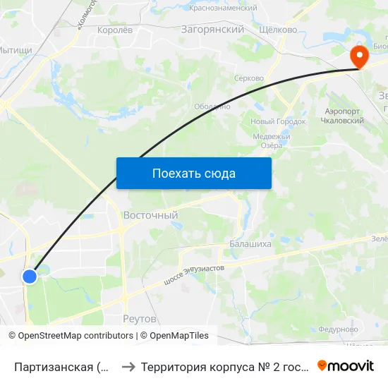 Партизанская (Partizanskaya) to Территория корпуса № 2 госпиталя им. Бурденко map