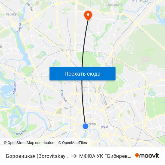 Боровицкая (Borovitskaya) to МФЮА УК ""Бибирево"" map