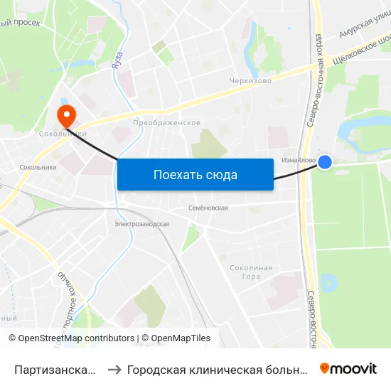 Партизанская (Partizanskaya) to Городская клиническая больница имени братьев Бахрушиных map
