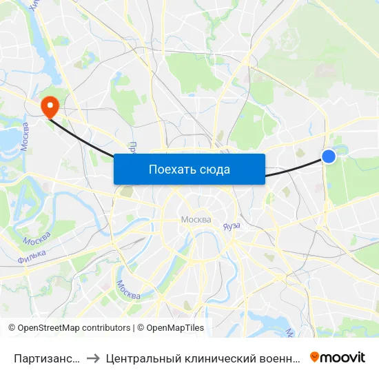 Партизанская (Partizanskaya) to Центральный клинический военный госпиталь ФСБ РФ (Терапевтическое отделение) map