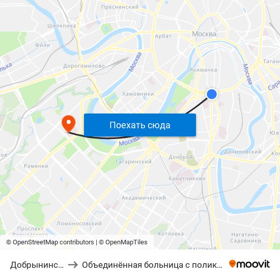 Добрынинская (Dobryninskaya) to Объединённая больница с поликлиникой при управление делами Президента РФ map