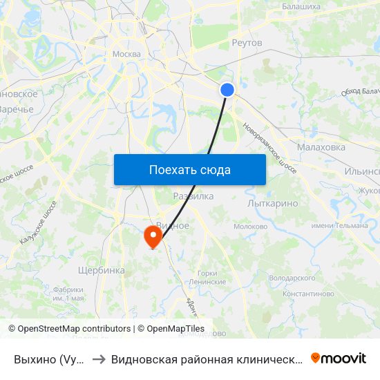 Выхино (Vykhino) to Видновская районная клиническая больница map
