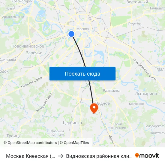 Москва Киевская (Kievsky Station) to Видновская районная клиническая больница map